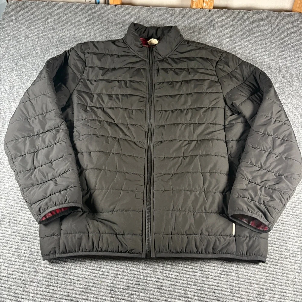 Voyager Mens Puffer Jacket Large Black Quilted Full Zip Red Plaid Fleece Lining